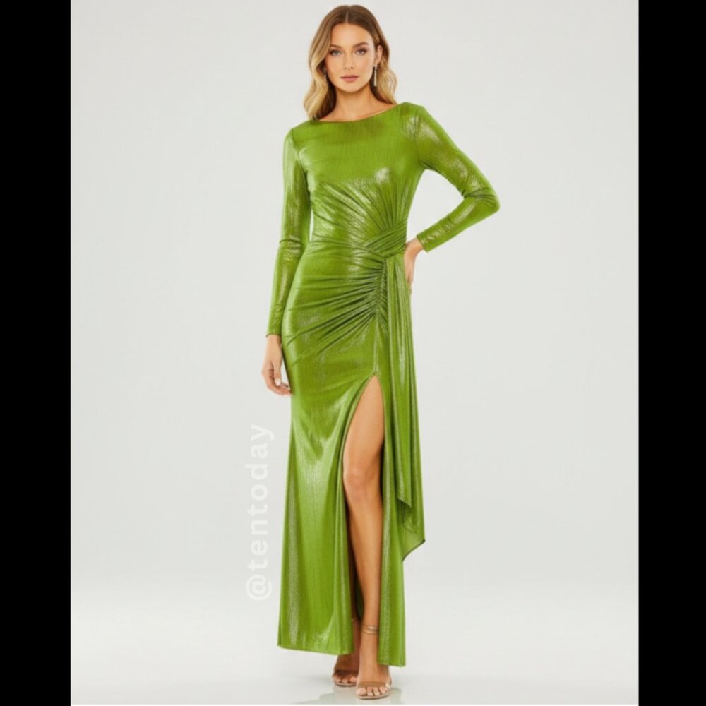 $498 Mac Duggal Womens Size 4 Metallic Green‎ Long Sleeve Maxi Dress Gown Formal